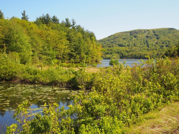 Wachusett pond in summer with Washusett hill in the background.