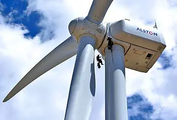 Workers rappel more than 300 feet off the ground from a 3-megawatt wind turbine at the National Wind Technology Center near Boulder, Colo.