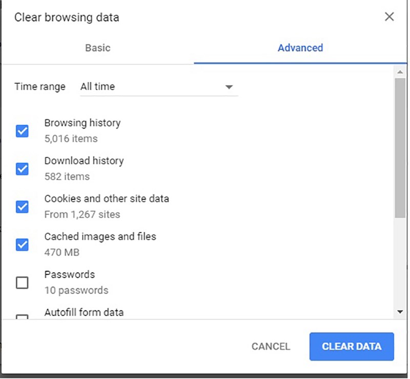 In the Advanced tab, at the top set the Time Range to All time and also make sure to check off the boxes for Browsing history, Download history, Cookies and other site data, and Cached images and files