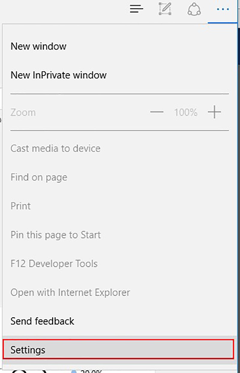 Click on the menu button in the upper right corner of the Edge window and select Settings from the bottom of the menu