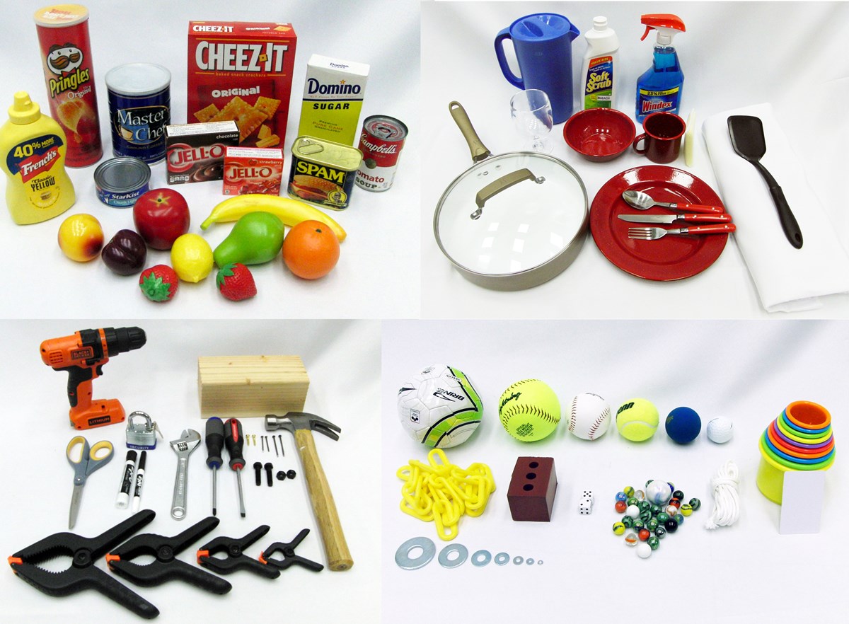 YCB Objects including household items, dishes, tools, balls
