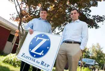 
						May 2012 graduate Jon Zlotnik, left, is running for a seat in the state Legislature and his former roommate, Brad Helgin, right, is his&nbsp;campaign manager. &nbsp;Photo by Ed Collier
					