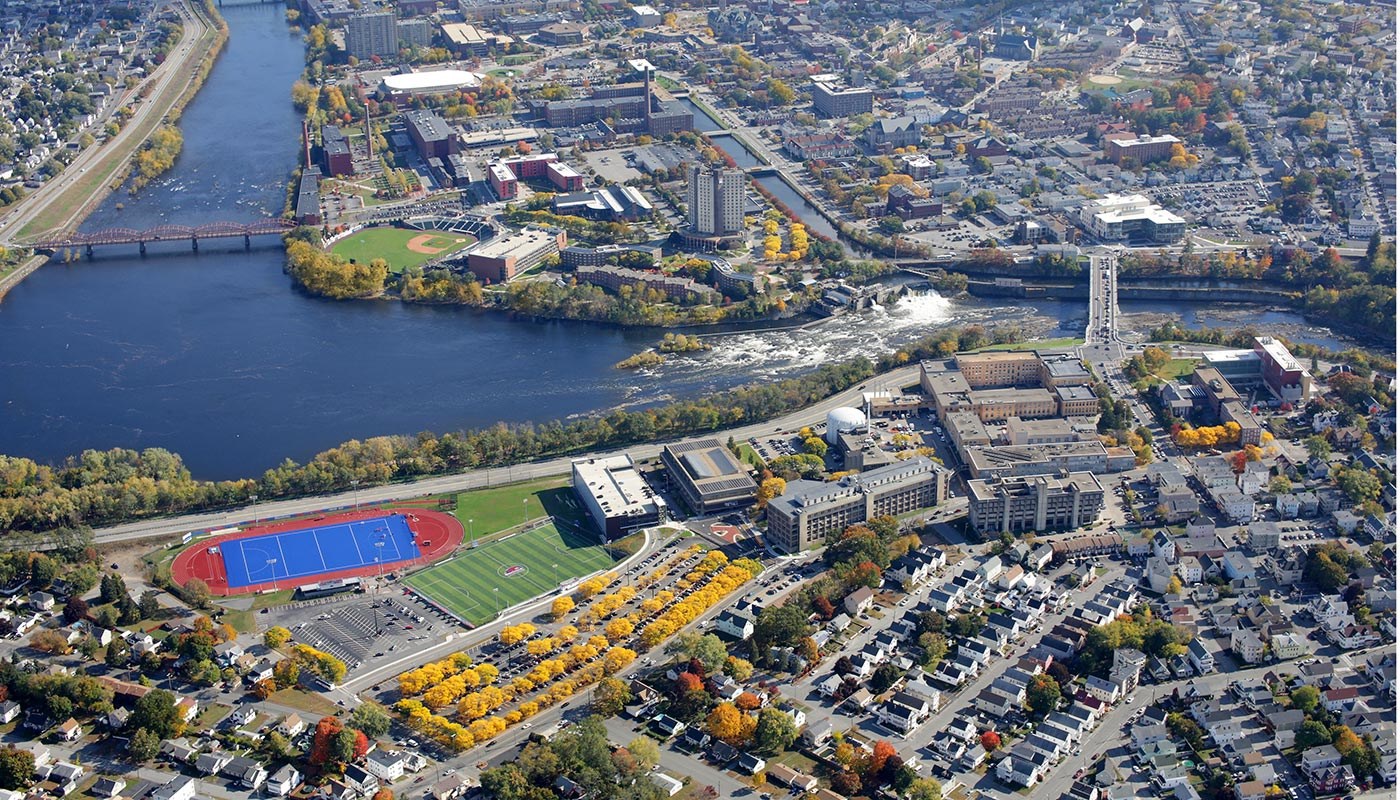 Aerial photo of UMass Lowell's North Campus