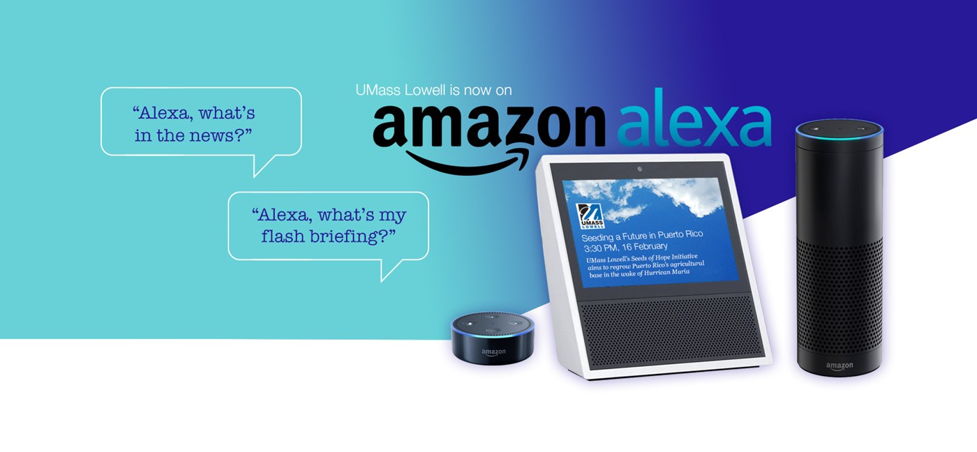 Amazon Echo, Echo Dot and Echo Show are shown with the thought bubbles "Alexa, what's my flash briefing?" and "Alexa, what's in the news?"