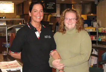 Claire Cedrone and Heather Toomey enjoy a less harried moment at Southwick Food Court.