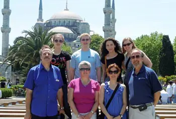 UMass Lowell faculty and students pose in front of the Blue Mosque in Istanbul, Turkey, prior to attending the assistive technology workshop in June. Back row, from left: students Erin Webster, David Harrington, Emma Barnard and Erin Reusch. Front row, from left: Profs. Steve McCarthy, Deirdra Murphy, Alkim Akyurtlu and Craig Armiento.