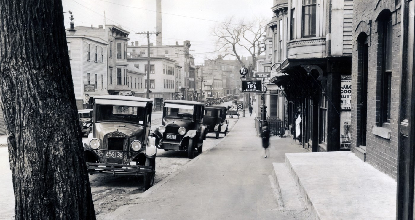 Black and white photo of street in Back Central neighborhood of Lowell