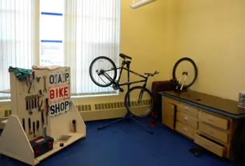 The Fix My Ride repair shop is located on the second floor of the Campus Recreation Center.