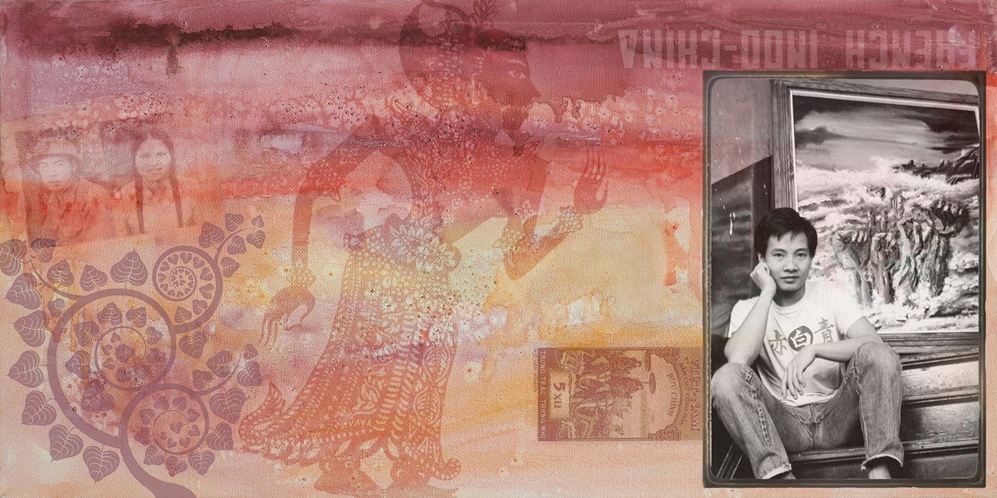 woman and man in front of collage of Southeast Asian images: Vietnamese man sitting on steps in front of his painting