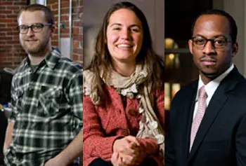 Young alumni are strengthening the Lowell community after making connections while students. Pictured left to right: Adam Norton, Allegra Williams and Bobby Tugbiyele.