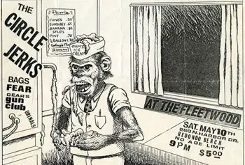 Flyer/handbill for gig by The Circle Jerks featuring artwork by Raymond Pettibon, offset-printed, 8.5 x 11 inches, 1980