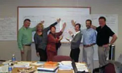 The Belfast-Haifa-Lowell Educational Research Group celebrates the research proposal it created, from left: Martin Hagan of St. Mary&rsquo;s College at Queens University in Belfast, Ireland; Lily Orland-Barak of Haifa University in Israel; Rivka&nbsp;Eisikovits of Haifa; Stacy Szczesiul; Jim Nehring; and Frank Hennessey of St. Mary&rsquo;s College.