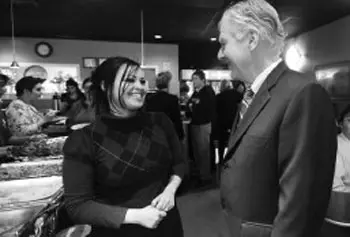 Babylon owner Leyla Al-Zubaydi thanks UMass Lowell Chancellor Marty Meehan for the school's support.