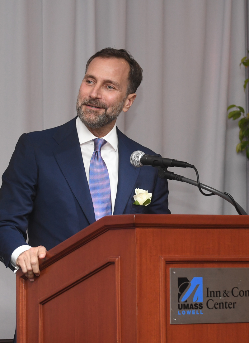 Distinguished alum James Costos speaks at a UMass Lowell event