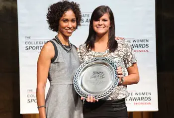 ESPN Sportscenter anchor Sage Steele, left,&nbsp;with UMass Lowell's Sammy Macy.