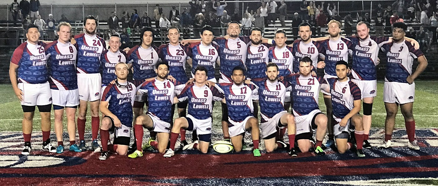 Team picture of the UMass Lowell Men's Rugby Club Team.