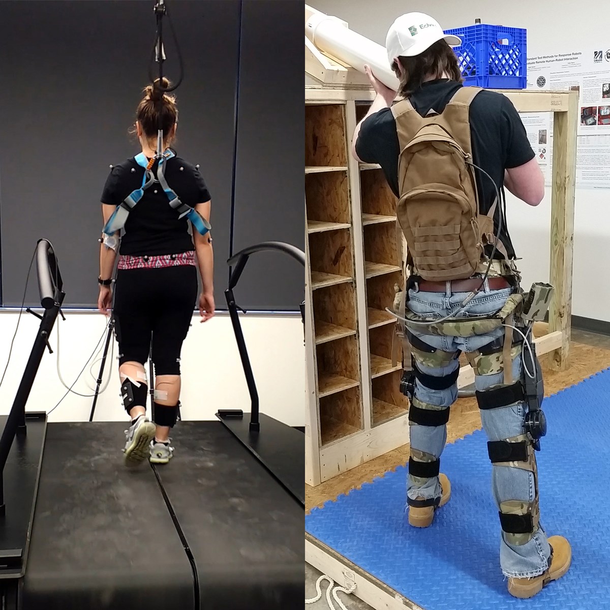 Person on treadmill with motion capture (left) and person wearing exoskeleton lifting munitions test artifact (right)
