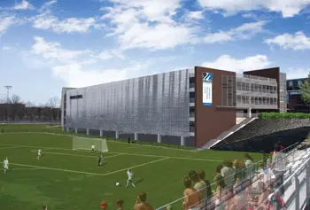 This artist&rsquo;s rendering of the North Campus Parking Garage currently under construction shows the east fa&ccedil;ade facing the athletic fields.