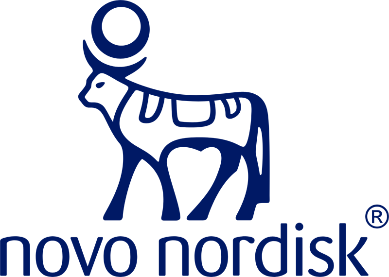 Blue stylized bull with circle/moon above head and words novo nordisk with R in circle below it