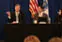 The panel, moderated by Chancellor Marty Meehan, far left, featured,  from left, Charlie Baker, Joe Battenfeld,  Jennifer Myers and Glen Johnson.