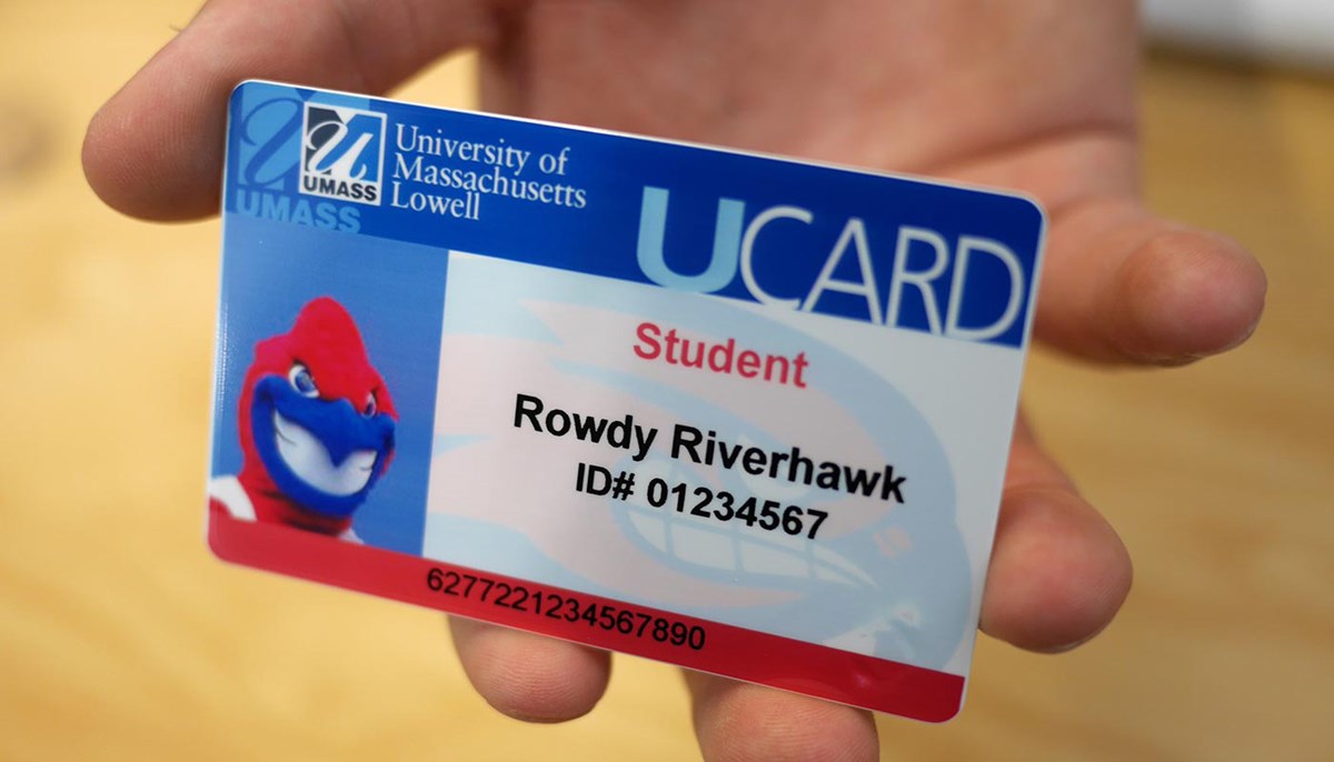 A mock student ID for UMass Lowell mascot, Rowdy the River Hawk.