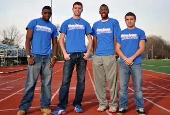 UMass Lowell 4x400 runners, from left, Craig Bennett, Ryad Bencheikh, Evan White, and Jeff Wundt.