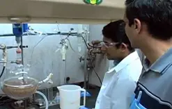 SethuMadhavan Ravichandran, left, and Prof.&nbsp;Ramaswamy Nagarajan demonstrate their green chemistry technique.