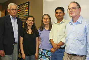 Abhishek Kumar, second from right, poses with, from left, Science Dean Robert Tamarin, Sheila and Susan Tripathy and Prof. Jayant Kumar during this year&rsquo;s Tripathy Memorial Endowed Graduate Fellowship award ceremony.