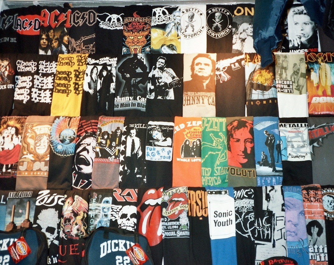 Wall showing dozens of rock 'n' roll T-shirts