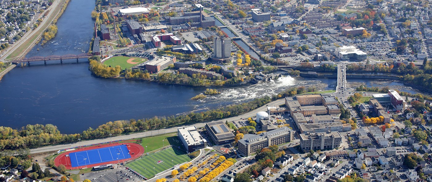 Aerial view of UMass Lowell North Campus