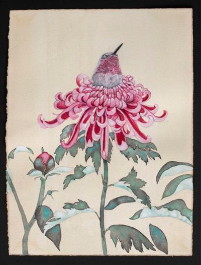 "菊蜂鳥" or "Chrysanthemum Hummingbird" depicts a version of nature in which different species, like birds and flowers, are entangled.YUKO ODA