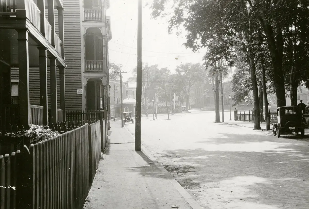 Elm Street in Lowell looking west with the courthouse grounds on the right, 1929.