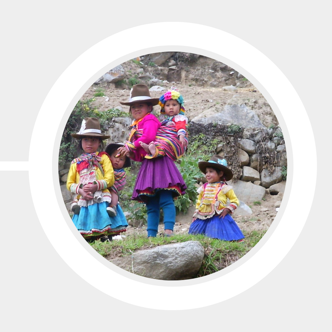 Native Quechua children gather on the mountainside in Peru in customary dress.