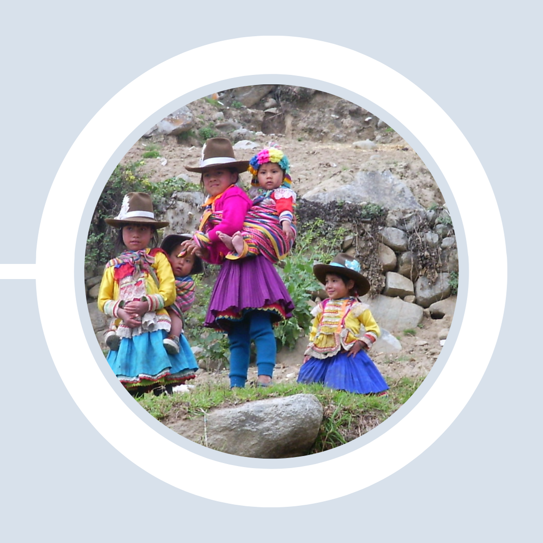 Native Quechua children gather on the mountainside in Peru in customary dress.