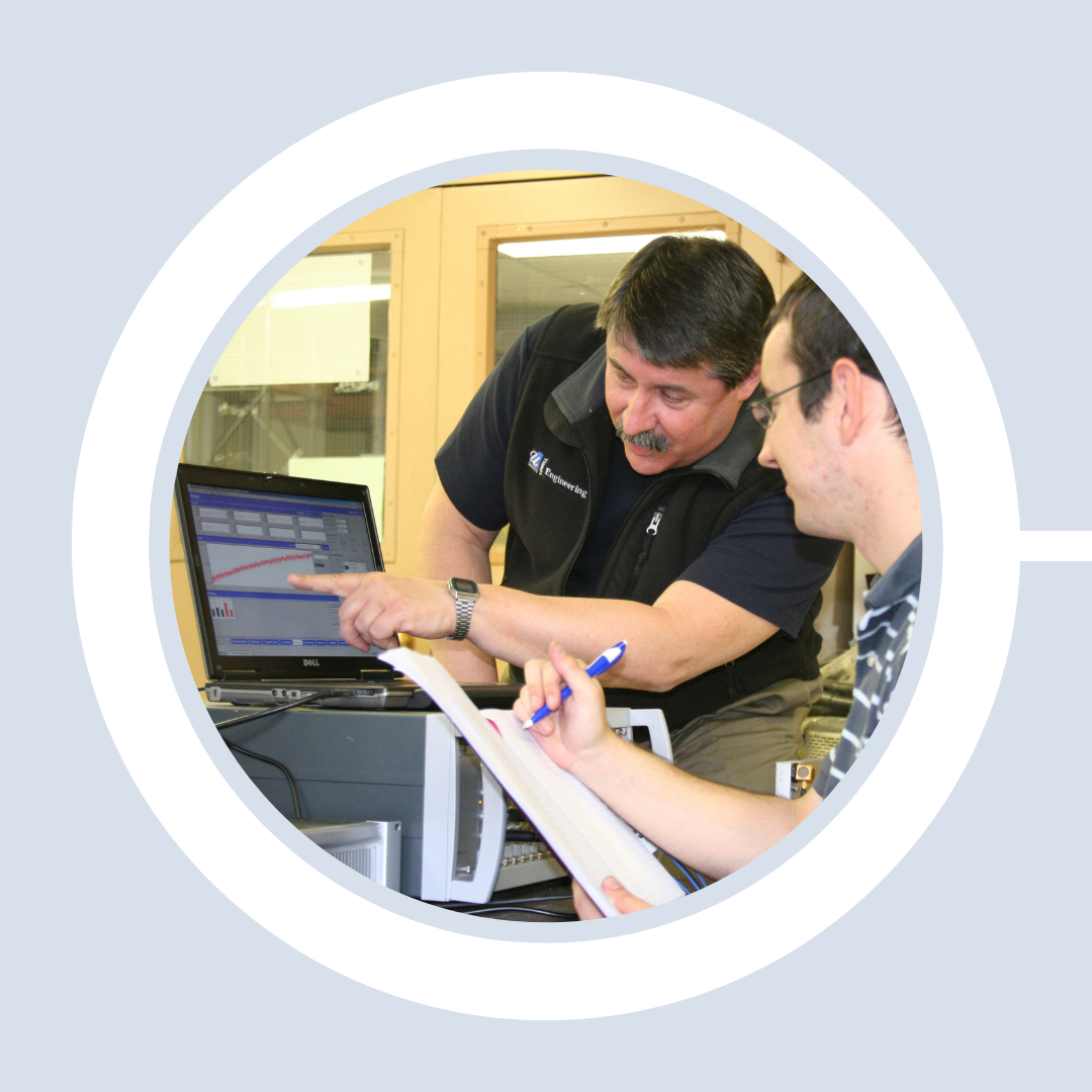 Prof. Peter Avitabile explains a software demonstration to a student at a computer.