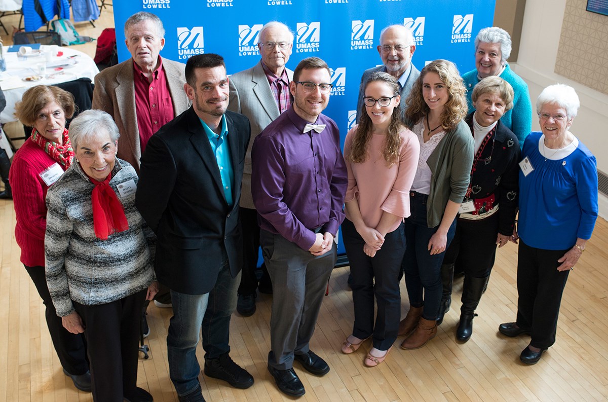 The 2017 Learning in Retirement Association Community Engagement Scholarship recipients and the scholarship committee. Front row left to right: Dotty (Dorothy) Morris, Clinton Strong (student), Dylan Lambert (student), Anna Barbeau (student), Alexandra Adler (student), Barbara Murch and Simone Allard. Back row left to right:  Dee (Deanne) Sferrino, John Mamalis, Alan  McKersie, Alan Kent and Janet Redman.
