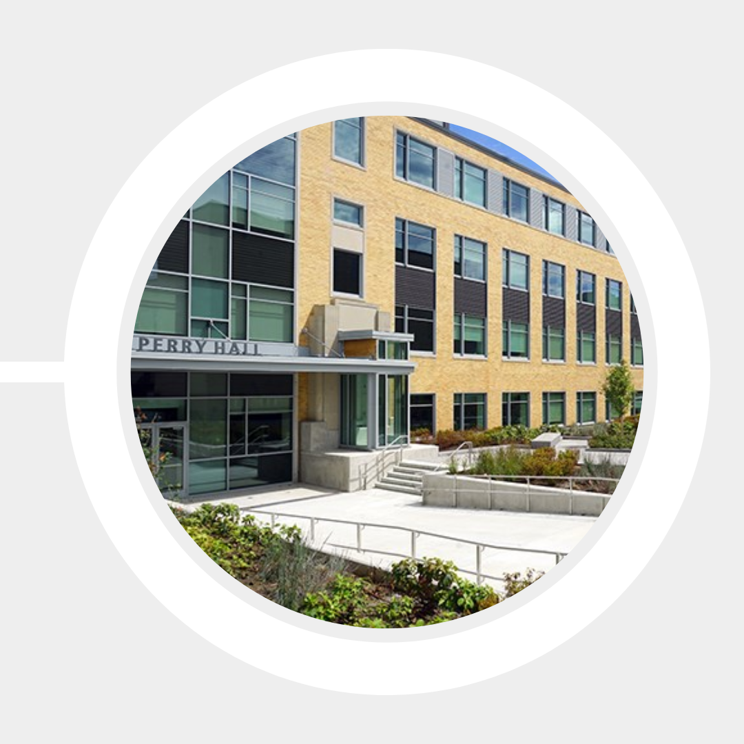 The newly-renovated Perry Hall's updated exterior and entrance.