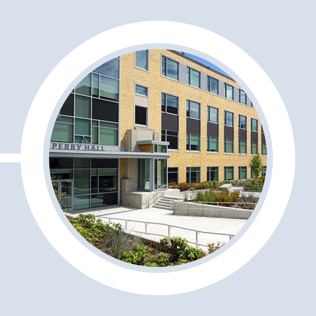 The newly-renovated Perry Hall's updated exterior and entrance.