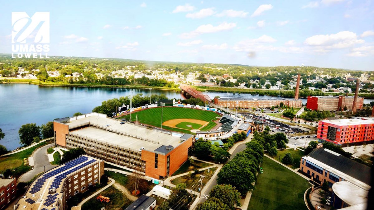 Zoom background displaying an aerial view of UMass Lowell's East Campus.