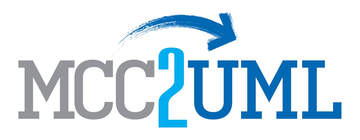 Logo showing the letters MCC in grey followed by a light blue 2 and then darker blue UML with an arrow above it going left to right.