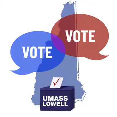 Image of outline of New Hampshire with word bubbles that say vote and a ballot box that says UMass Lowell