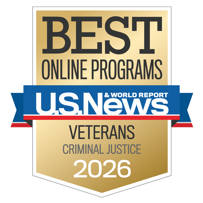 U.S. News & World Report badge for best online graduate criminal justice program for veterans, UMass Lowell.