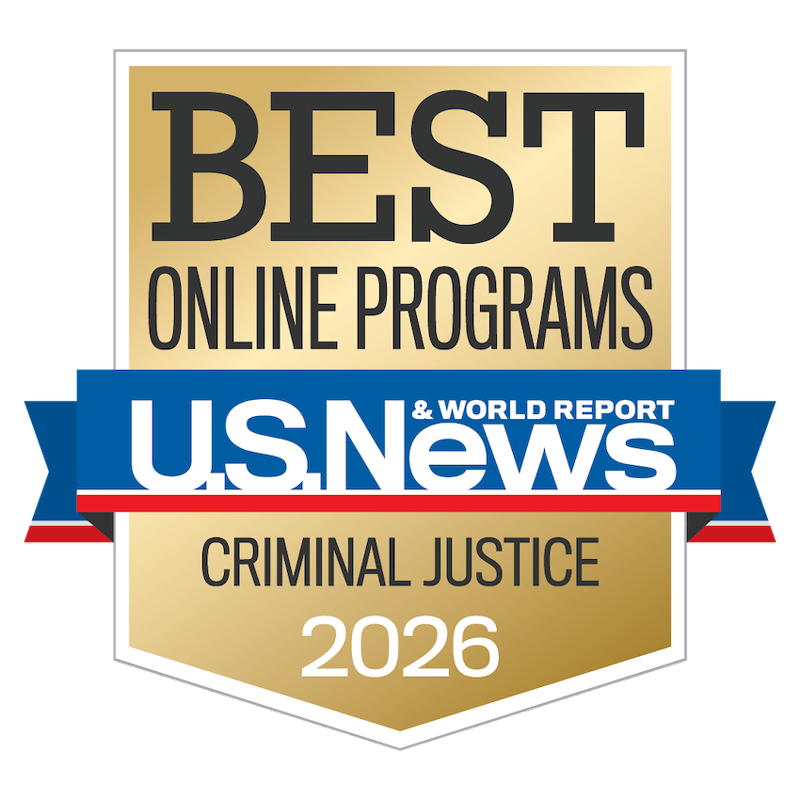 U.S. News & World Report badge for best online graduate criminal justice program, UMass Lowell.