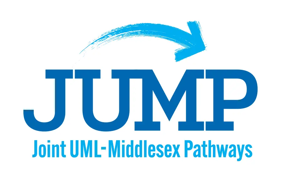 Logo shows swooshing arrow over word JUMP in large letters with smaller text Joint UML Middlesex pathways