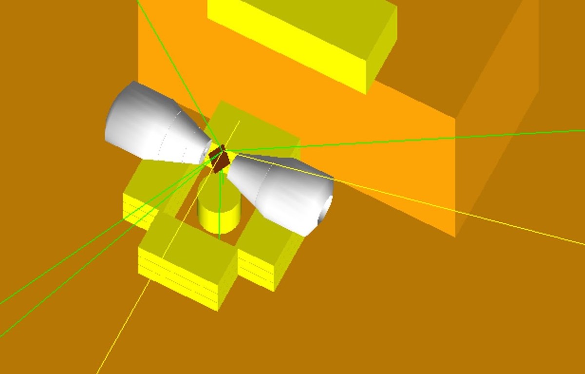 3-D model of various shapes in yellow and white assciated with Advanced Monte-Carlo Simulations of Radiation Transport