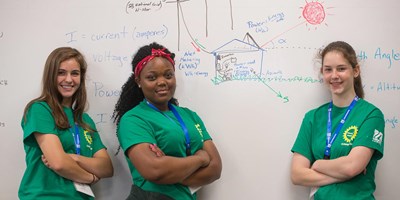 Three women standing in front of a white board at engineering camp