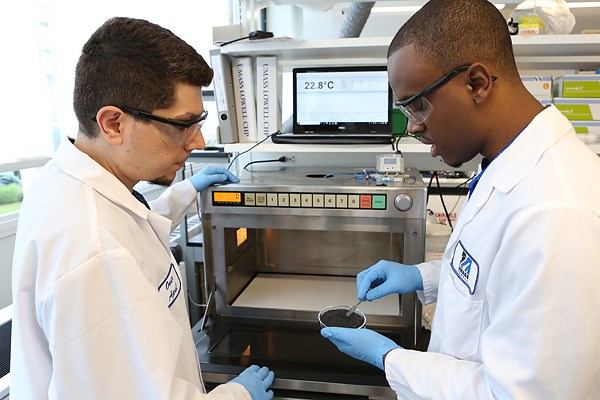 Asst. Prof. Onur G. Apul and student Ritchie LaFaille prepare to heat a sample of carbon-based nanofibers 