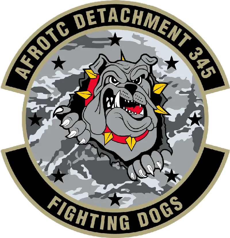 AFROTC Detachment 345 Fighting Dogs patch with bulldog bursting through camouflage wall.