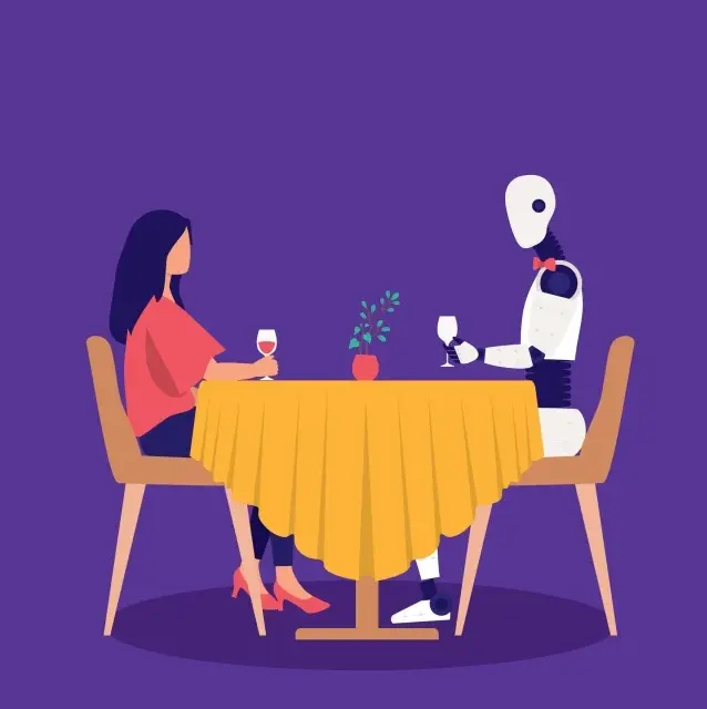Cartoon image of woman and robot having dinner