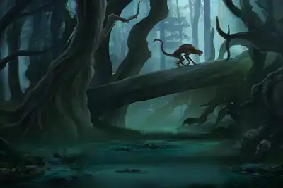 Spooky forest with trees, fog, and ghoulish creature walking on a fallen tree over a swamp.